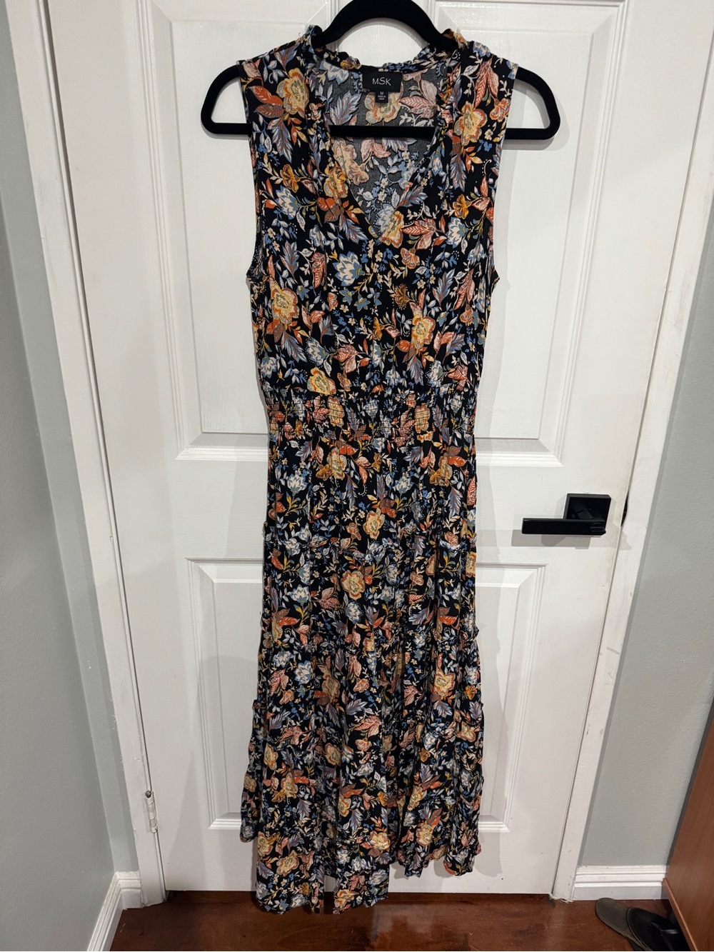 MSK Black Floral Sleeveless Maxi Dress with Peach and Blue Accents